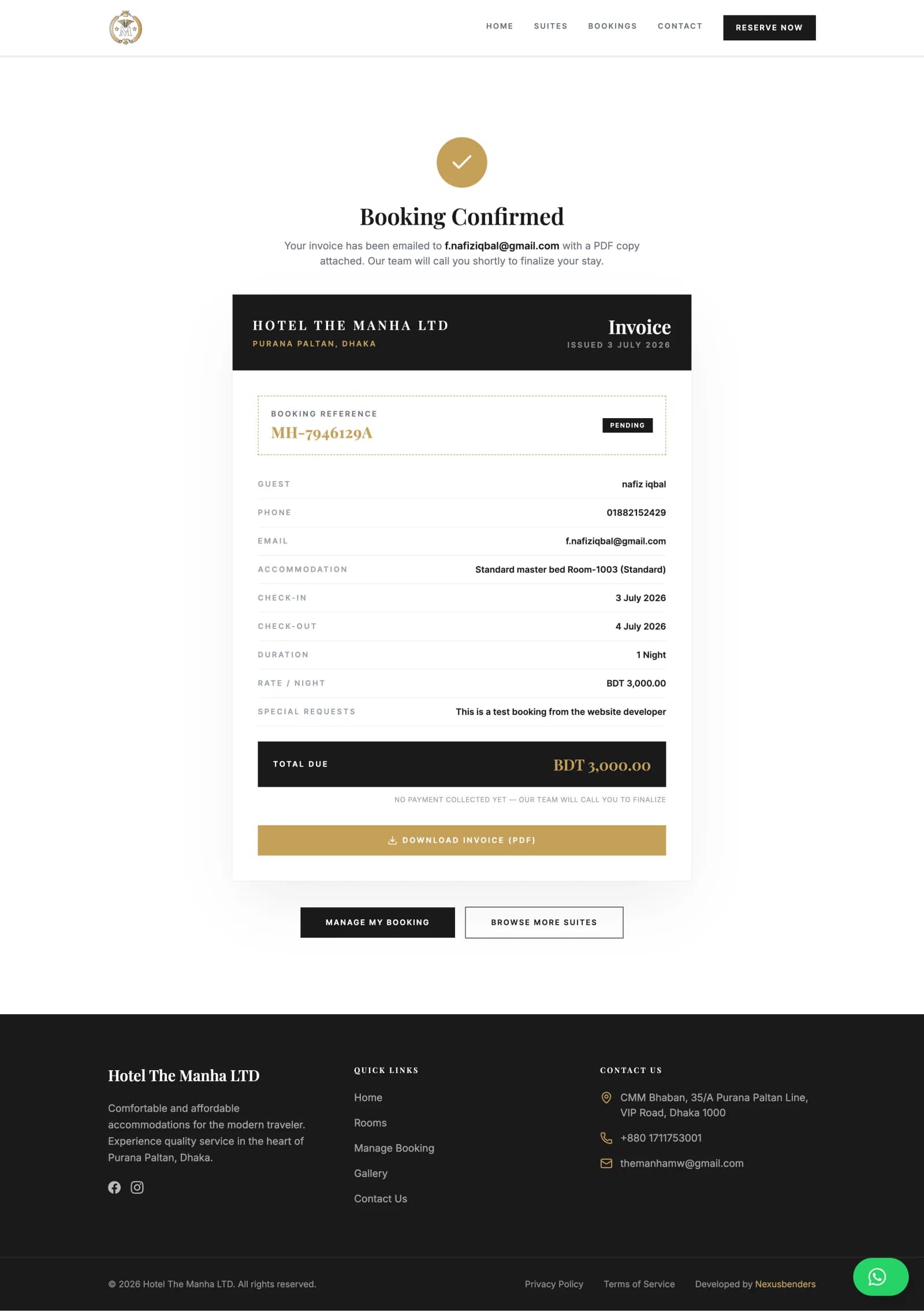 Branded PDF invoice with an itemised stay and total