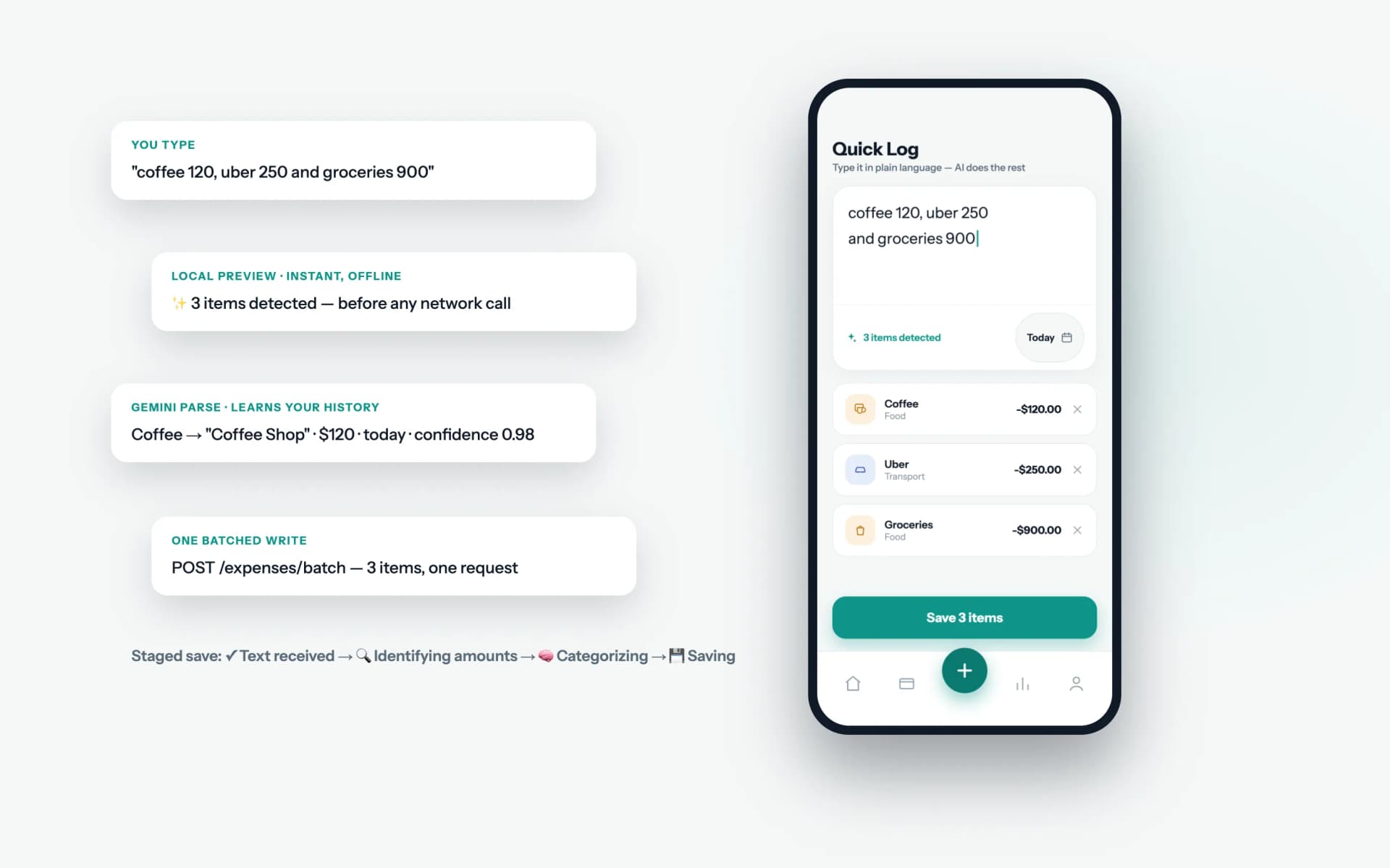 Quick Log screen parsing three expenses from a single typed line